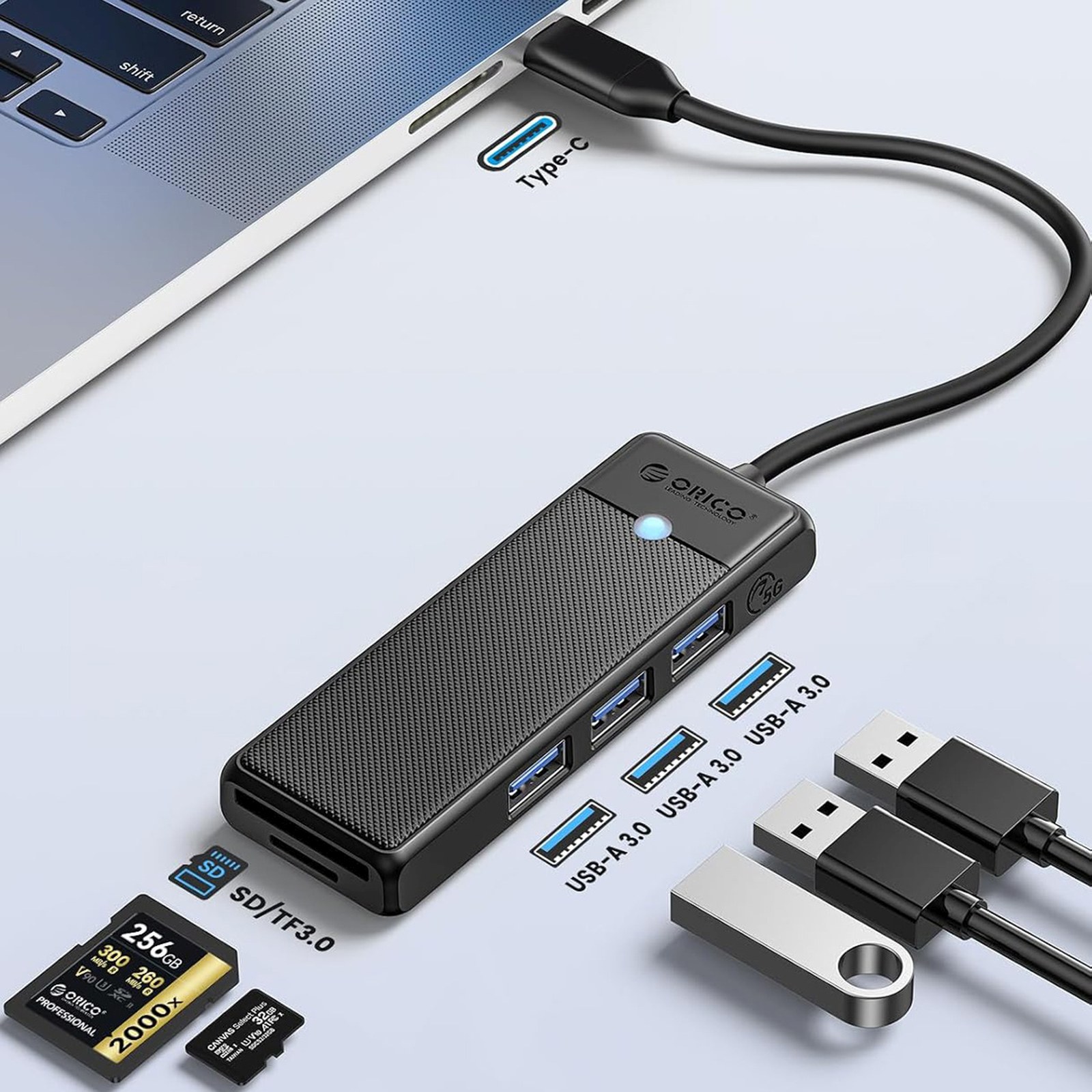 4 Prievadų Usb-c – Usb-a Adapteris Su Sd Ir Microsd Kortelių Skaitytuvu, 1 M – Juodas