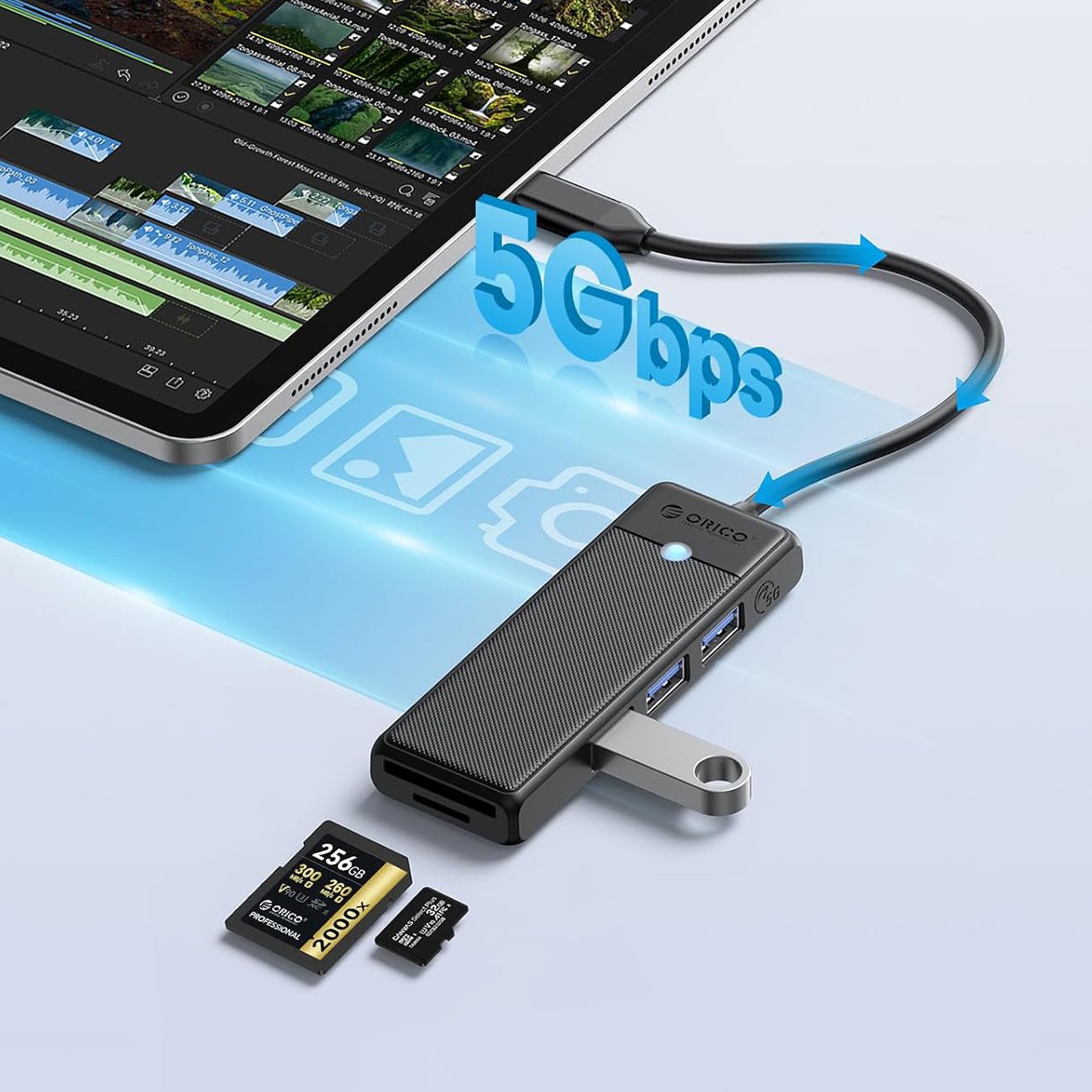 4 Prievadų Usb-c – Usb-a Adapteris Su Sd Ir Microsd Kortelių Skaitytuvu, 1 M – Juodas