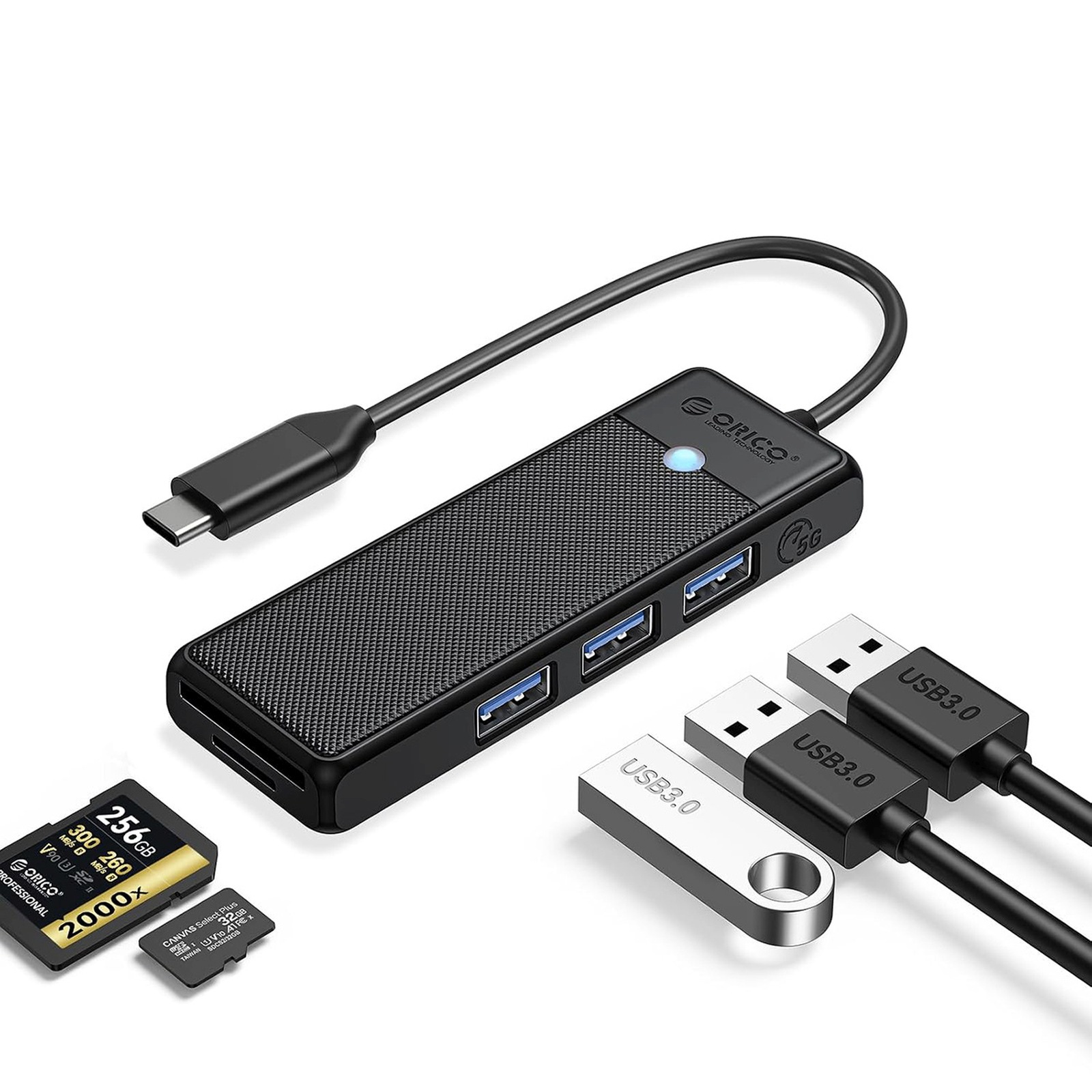 4 Prievadų Usb-c – Usb-a Adapteris Su Sd Ir Microsd Kortelių Skaitytuvu, 1 M – Juodas