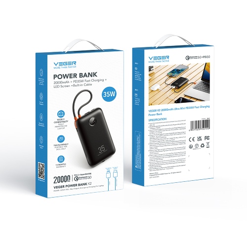 Veger K2 (W2068) Išorinė baterija (Power Bank) 20000mAh, 35W PD, Juoda