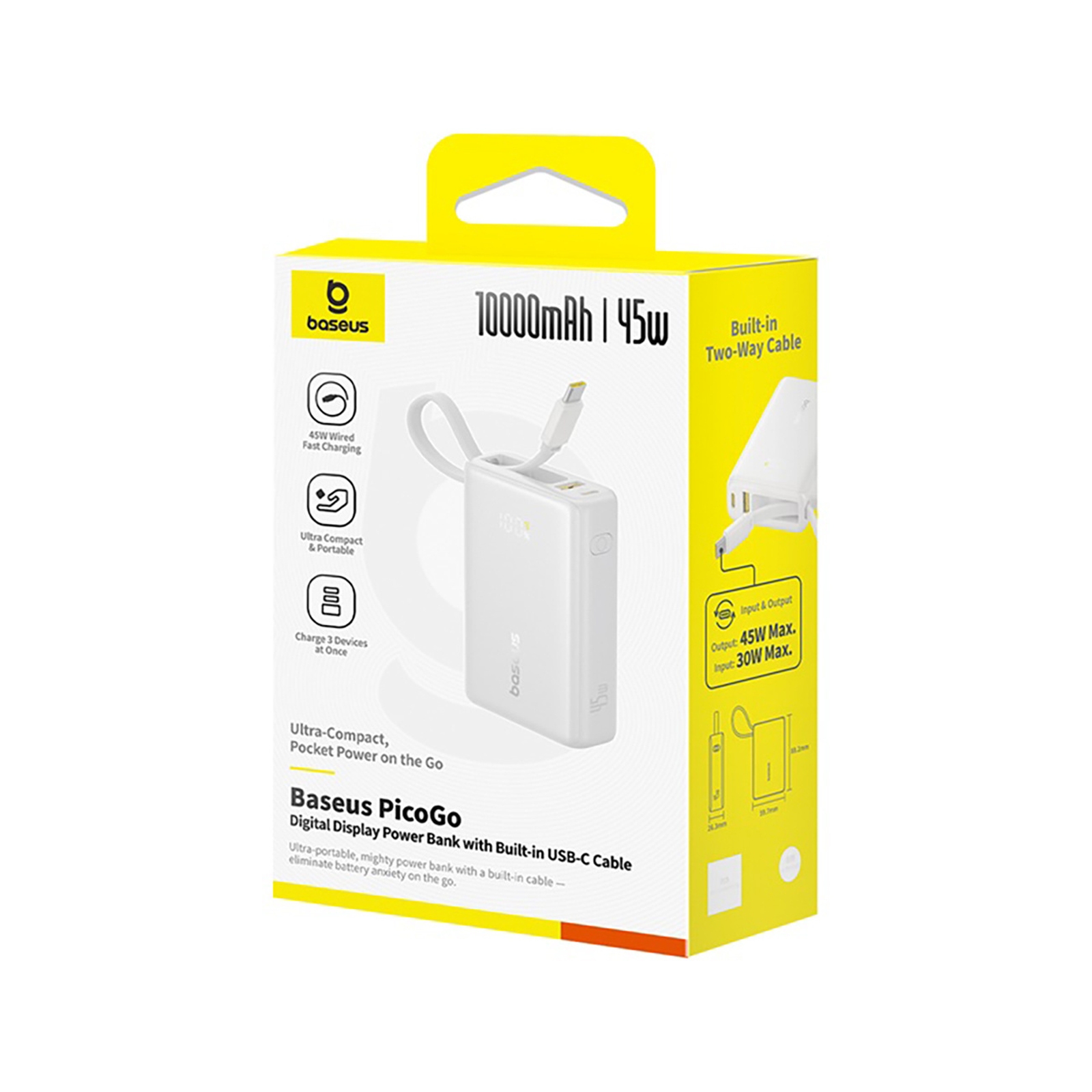 „picogo“ 10000 Mah 45 W Išorinis Akumuliatorius Su Usb-a Ir Usb-c Jungtimis, Integruotu Kabeliu Ir Ekranu – Baltas