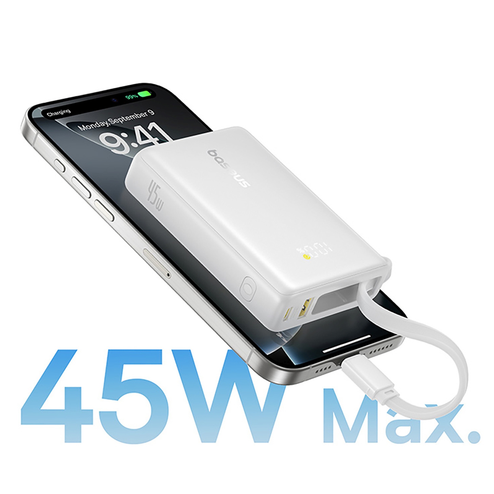 „picogo“ 10000 Mah 45 W Išorinis Akumuliatorius Su Usb-a Ir Usb-c Jungtimis, Integruotu Kabeliu Ir Ekranu – Baltas