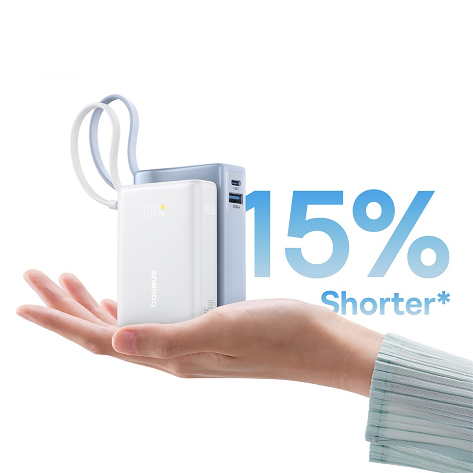 „picogo“ 10000 Mah 45 W Išorinis Akumuliatorius Su Usb-a Ir Usb-c Jungtimis, Integruotu Kabeliu Ir Ekranu – Baltas